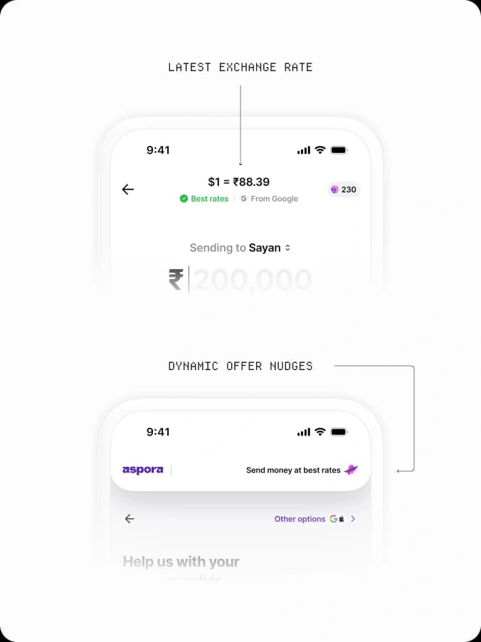 Onboarding and send money screens with the core promise held front and centre
